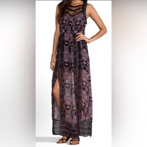 ❤️🖤🥀Moroccan Dark Femme Floral Free People Maci Dress with Lace Detail 🥀🖤❤️